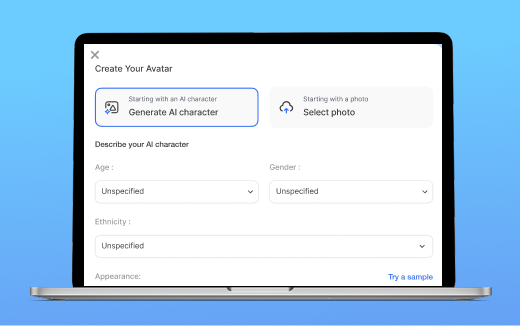 Design a custom AI Avatar from a prompt or photo to stay on‑brand in every video
